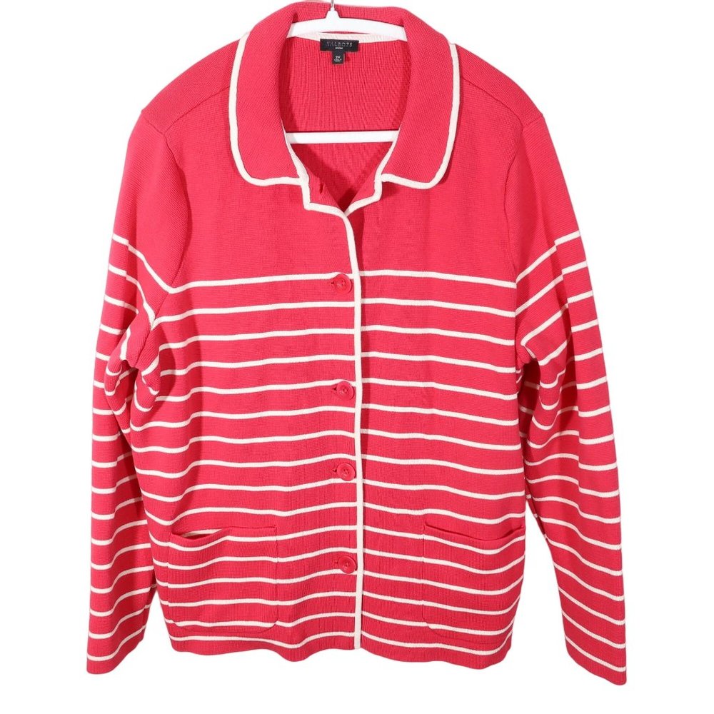 TALBOTS Pink White Striped Knit Button Up Jacket Size 2X Cotton Blend